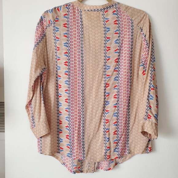 Maeve x Anthropologie Lt Brown Blue & Red 3/4 Sleeve Blouse - Picture 7 of 8